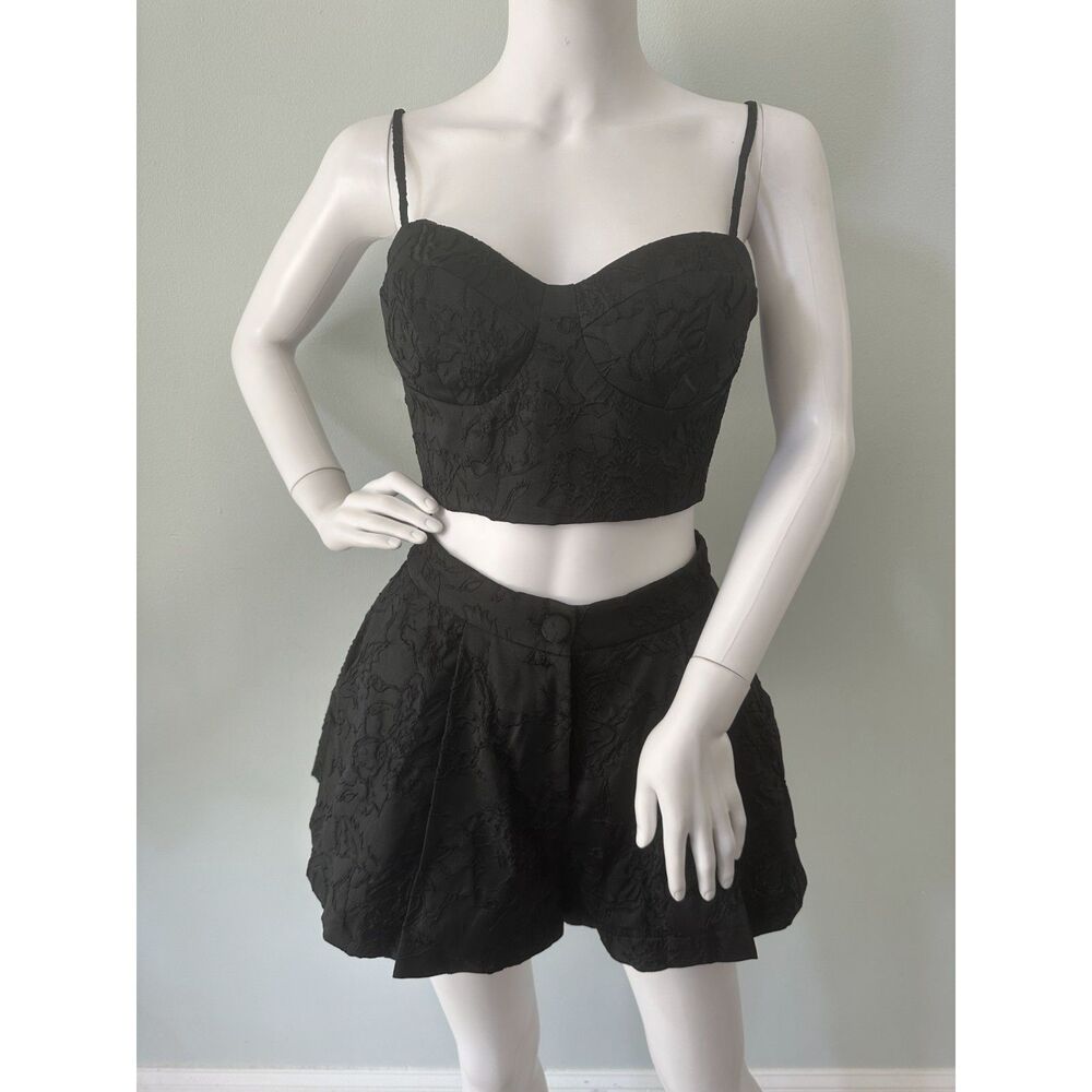 NWT Klesis 2pc Matching Set Black Jacquard Bustier Crop Top High Waist Shorts M